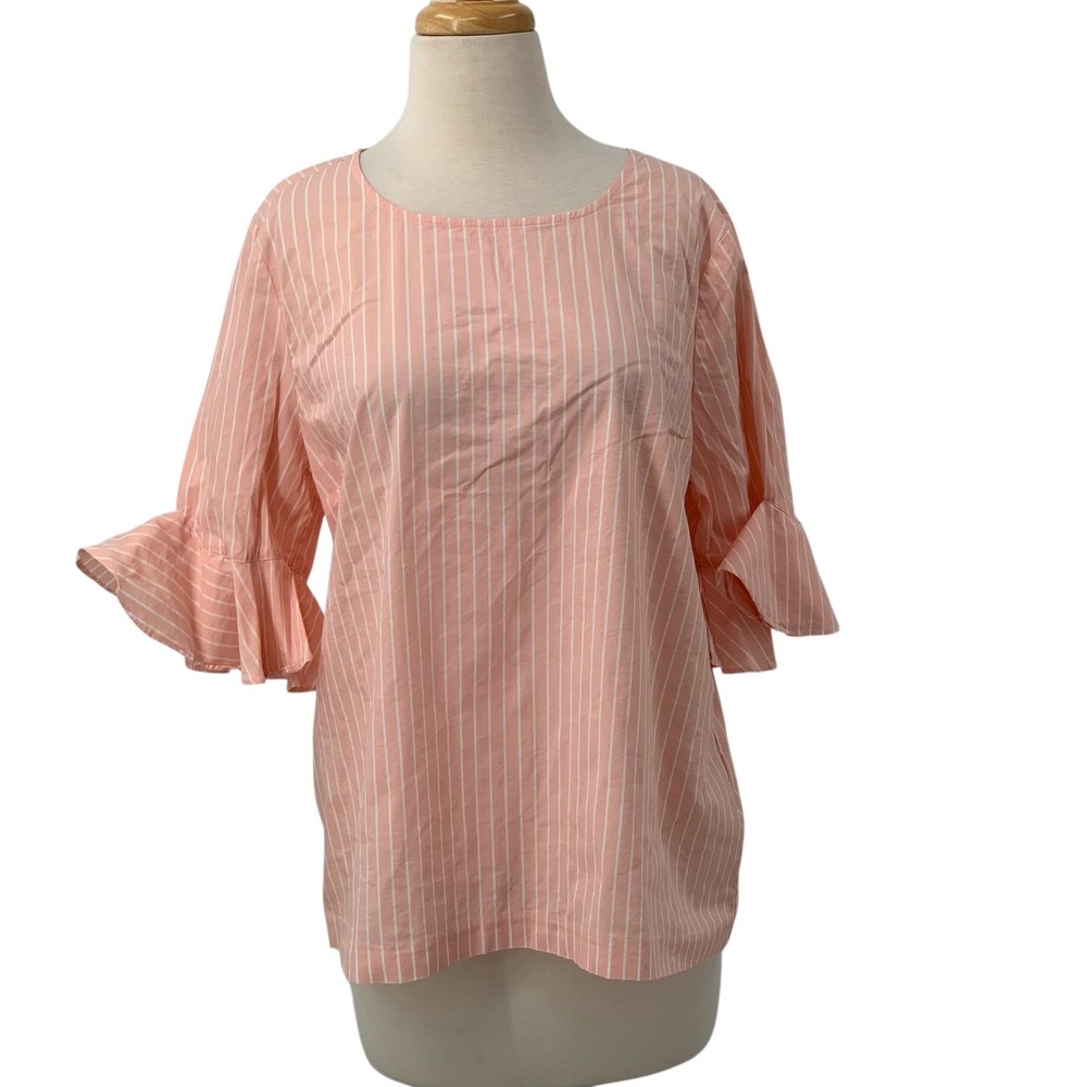 Calvin Klein Women's‎ 3/4 Ruffle Sleeve Blouse Top Peach/White Striped Sz M READ - Picture 3 of 11